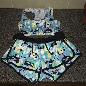 Multicolored sports bra and athletic shorts set